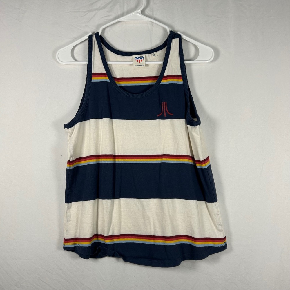 Junk Food Atari Tank Top Kids‎ Large Navy White Rainbow Striped Retro Gamer Y2K